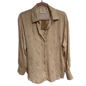 Style Rack Woman's L Tan Floral Daisy Button Down Blouse Long Sleeve Cottagecore